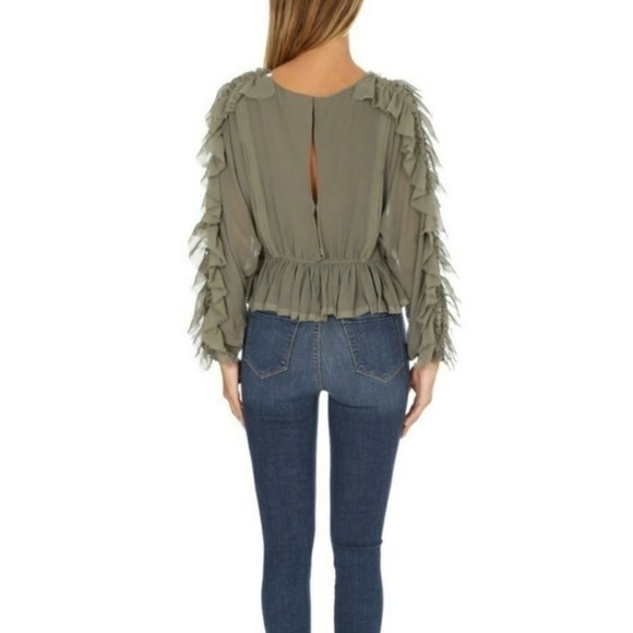 Love Shack Fancy • Olive Green Ruffle Nellie Sleeve Top - Picture 2 of 14